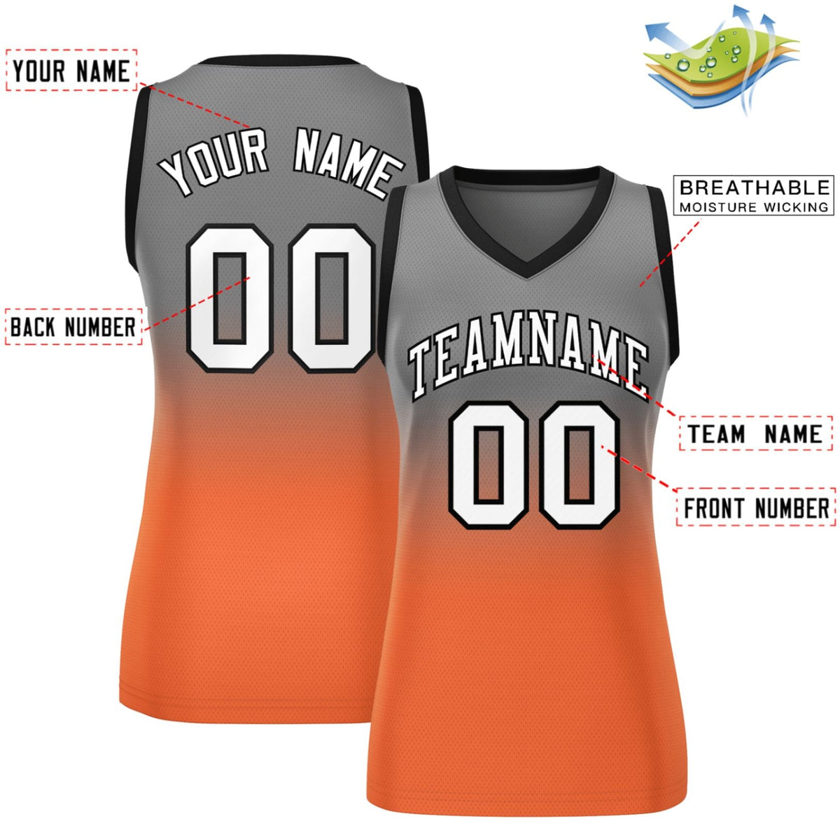 Custom Gray Orange Gradient Fashion Tops Mesh Netball Dress For Women