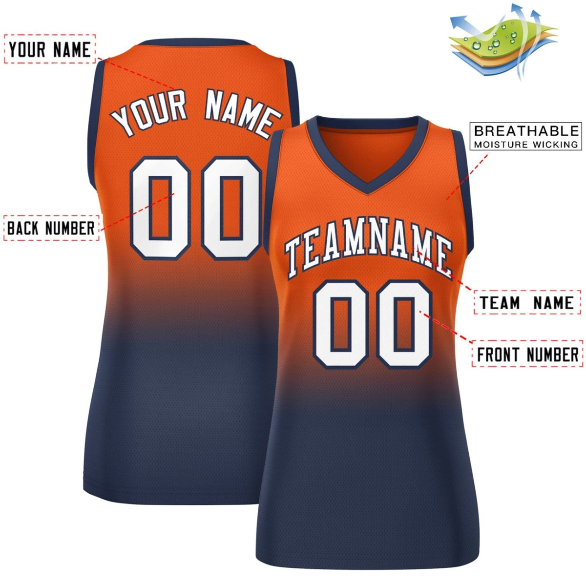 Custom Orange Navy Gradient Fashion Tops Mesh Netball Dress For Women
