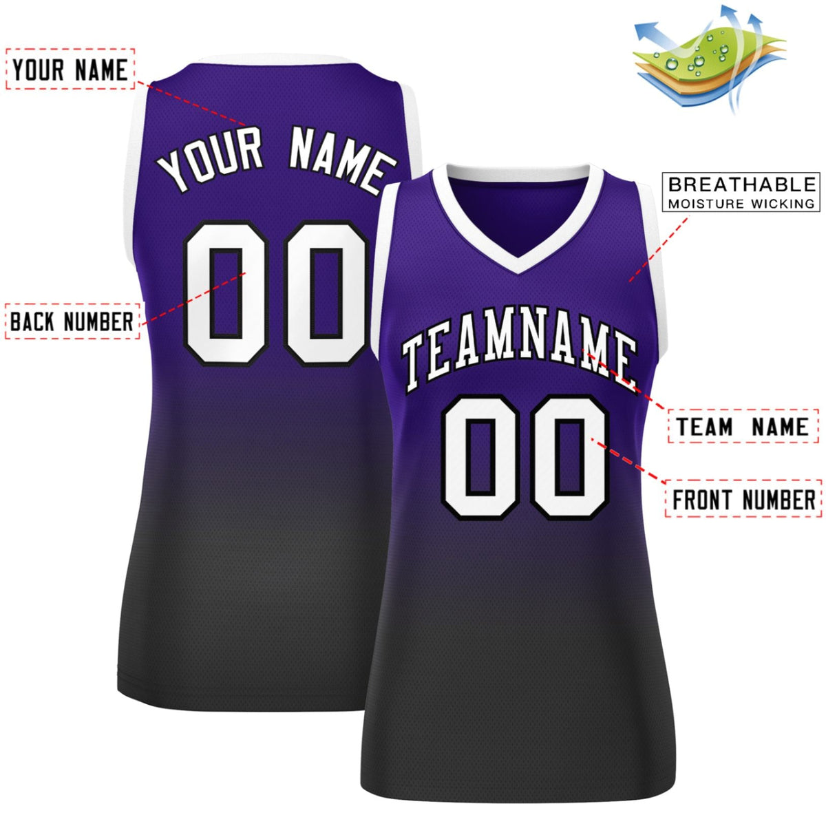 Custom Purple Black Gradient Fashion Tops Mesh Netball Dress For Women