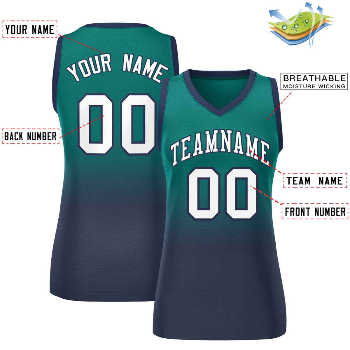 Custom Aqua Navy Gradient Fashion Tops Mesh Netball Dress For Women
