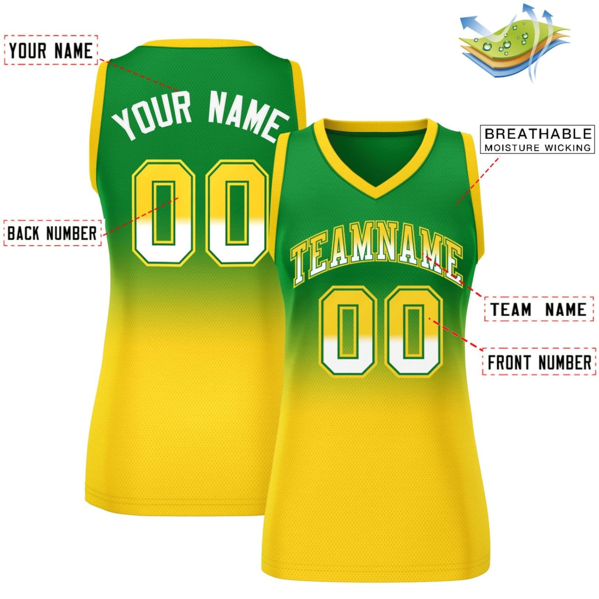 Custom Kelly Green Gold Gradient Fashion Tops Mesh Netball Dress For Women