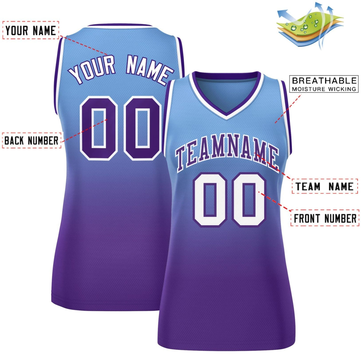 Custom Powder Blue Purple Gradient Fashion Tops Mesh Netball Dress For Women