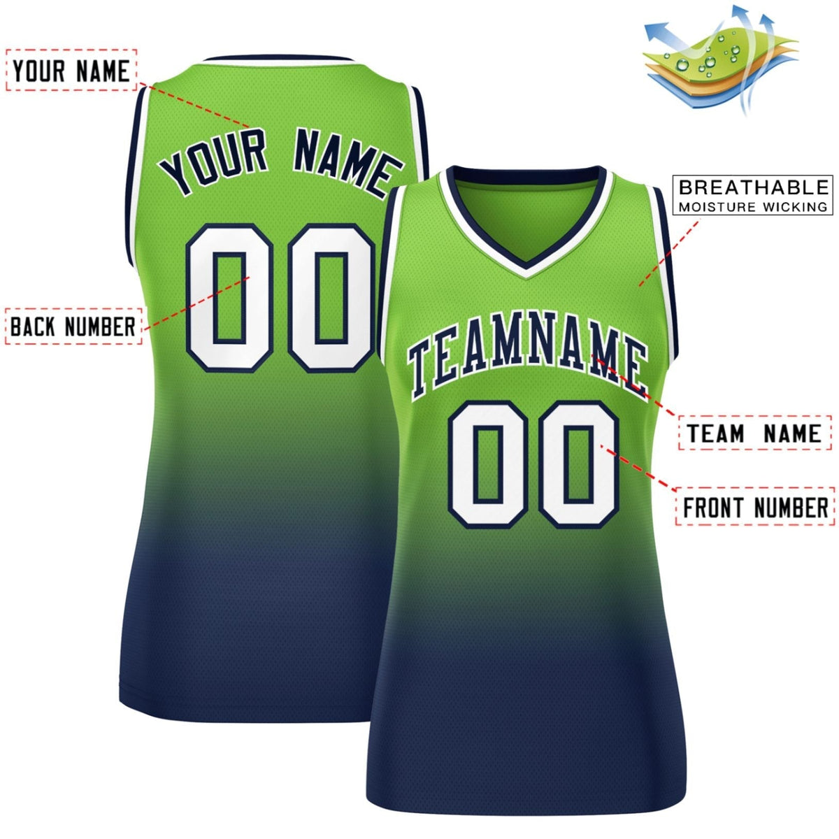 Custom Neon Green Navy Gradient Fashion Tops Mesh Netball Dress For Women