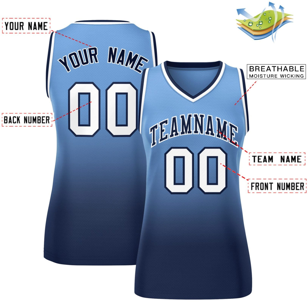 Custom Powder Blue Navy Gradient Fashion Tops Mesh Netball Dress For Women