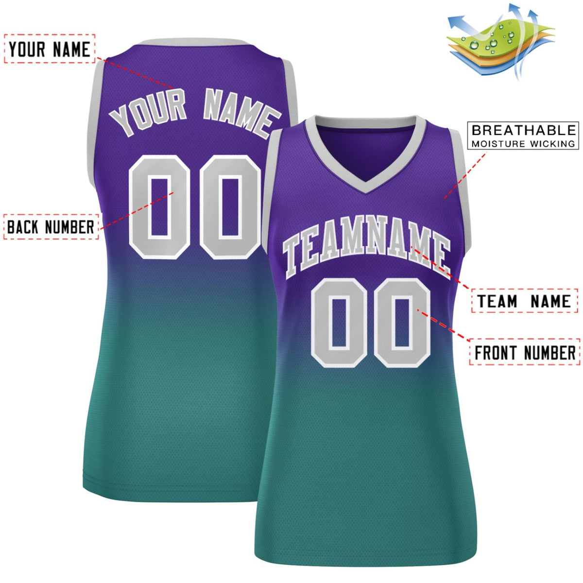 Custom Purple Aqua Gradient Fashion Tops Mesh Netball Dress For Women