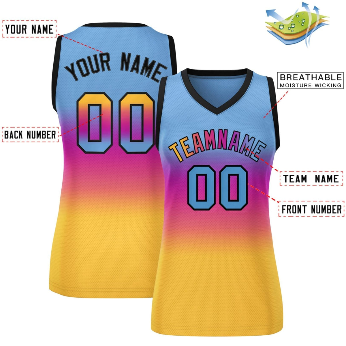 Custom Light Blue Pink-Yellow Gradient Fashion Tops Mesh Netball Dress For Women