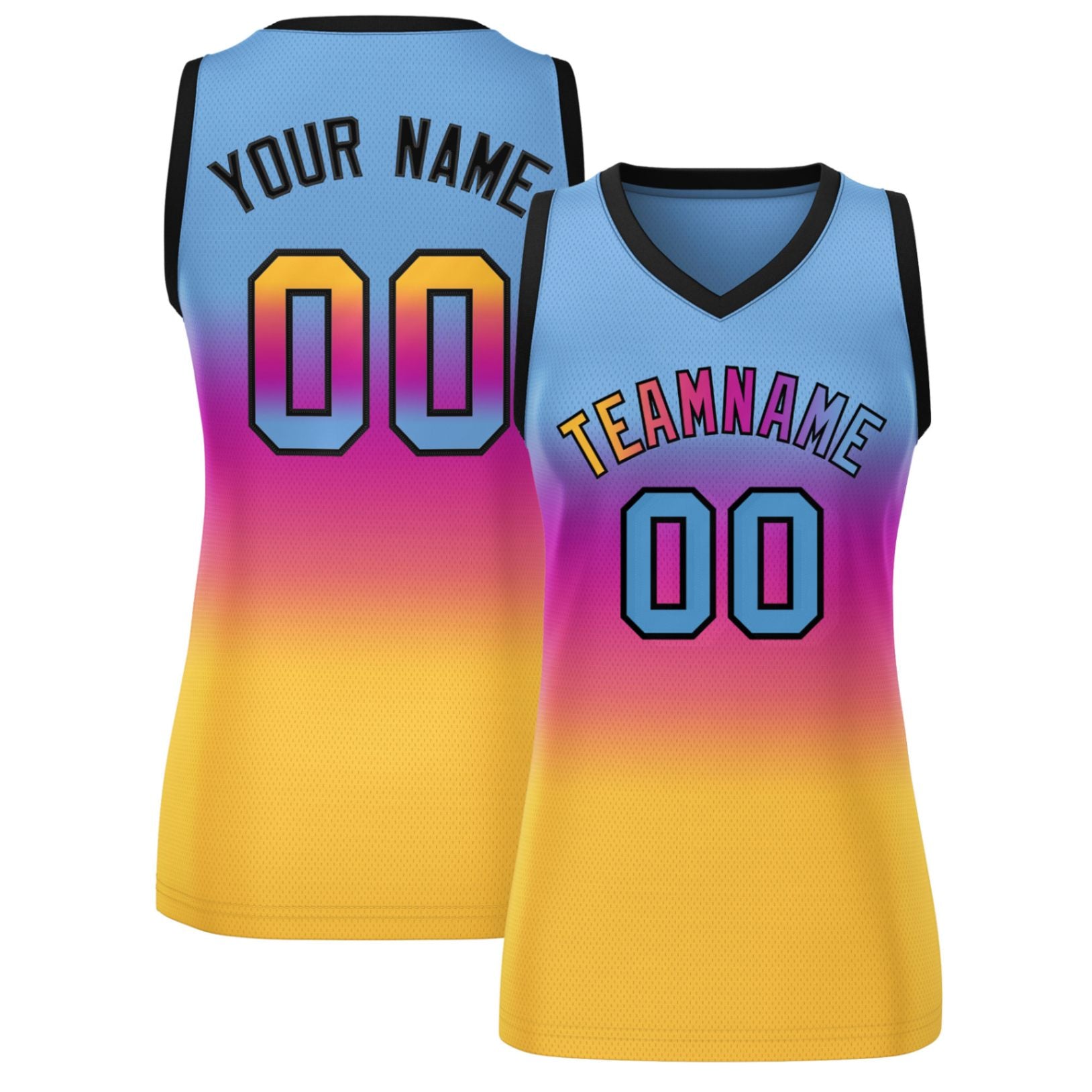 Custom Light Blue Pink-Yellow Gradient Fashion Tops Mesh Netball Dress For Women