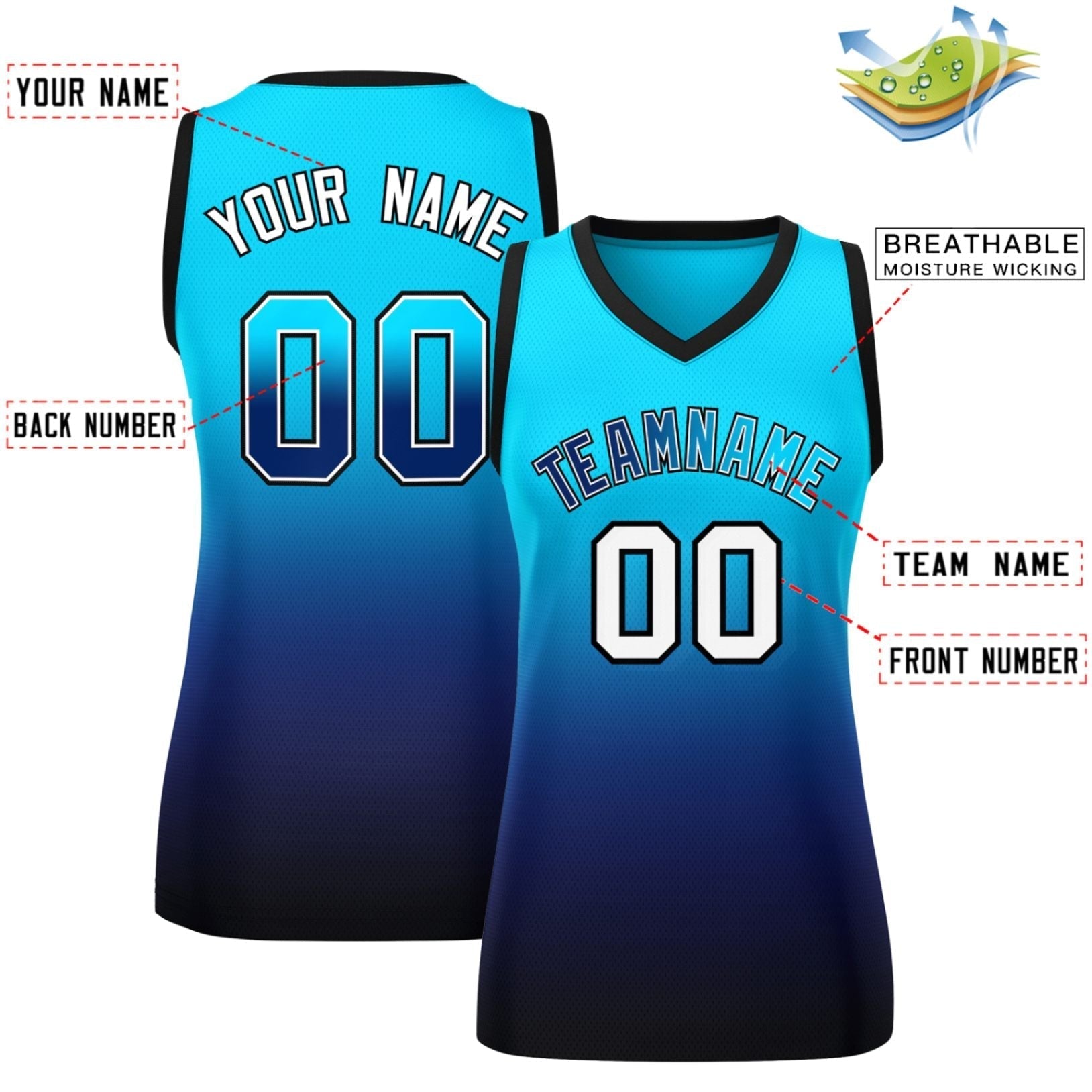 Custom Powder Blue Navy Gradient Fashion Tops Mesh Netball Dress For Women