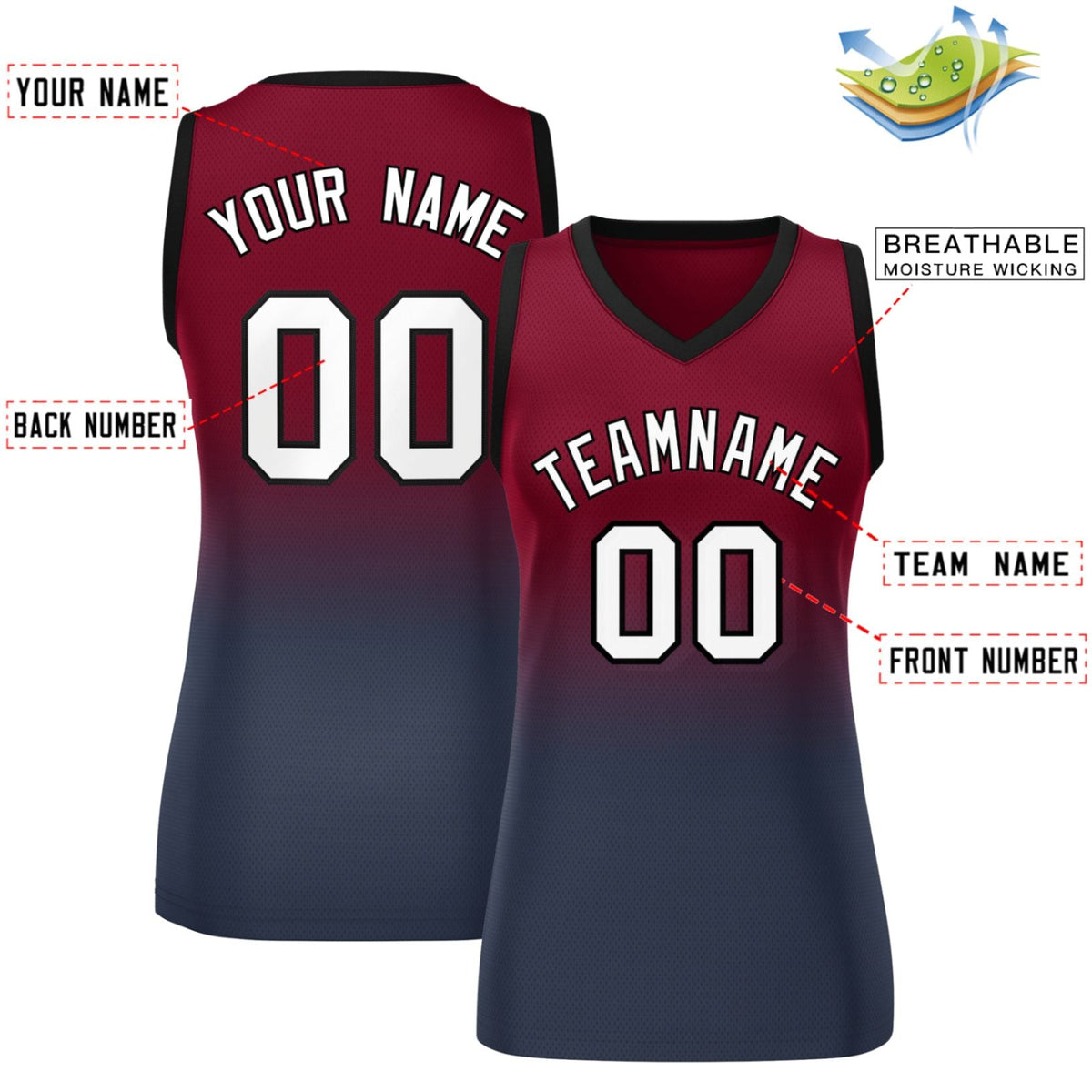 Custom Crimson Navy Gradient Fashion Tops Mesh Netball Dress For Women
