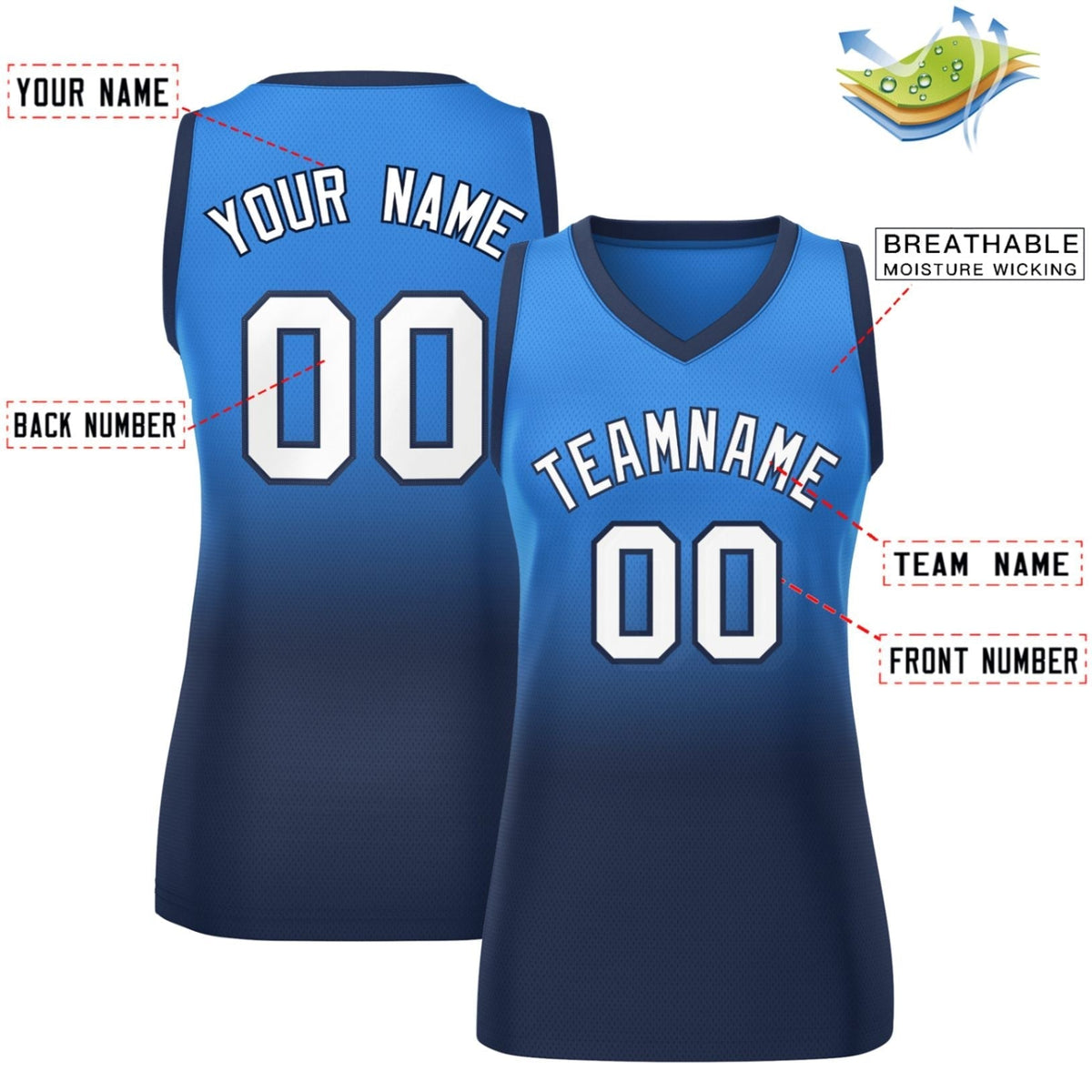 Custom Powder Blue Navy Gradient Fashion Tops Mesh Netball Dress For Women