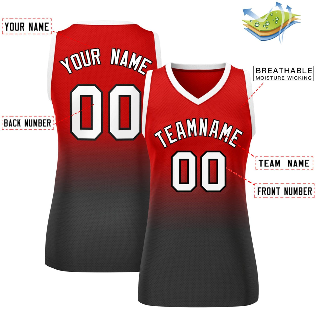 Custom Red Black Gradient Fashion Tops Mesh Netball Dress For Women