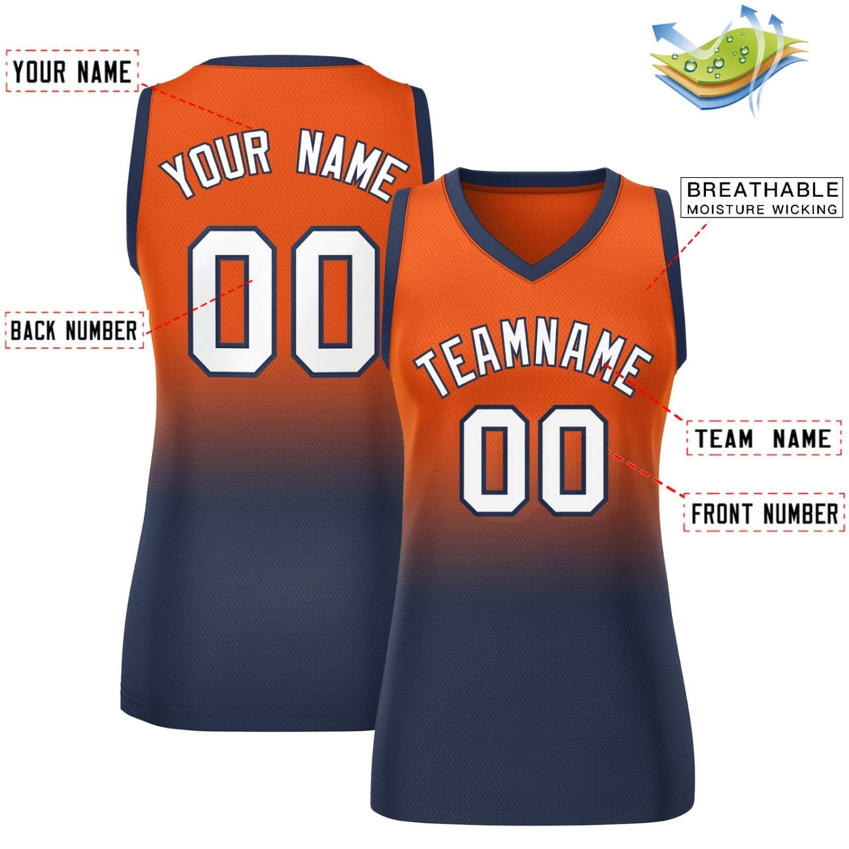 Custom Orange Navy Gradient Fashion Tops Mesh Netball Dress For Women