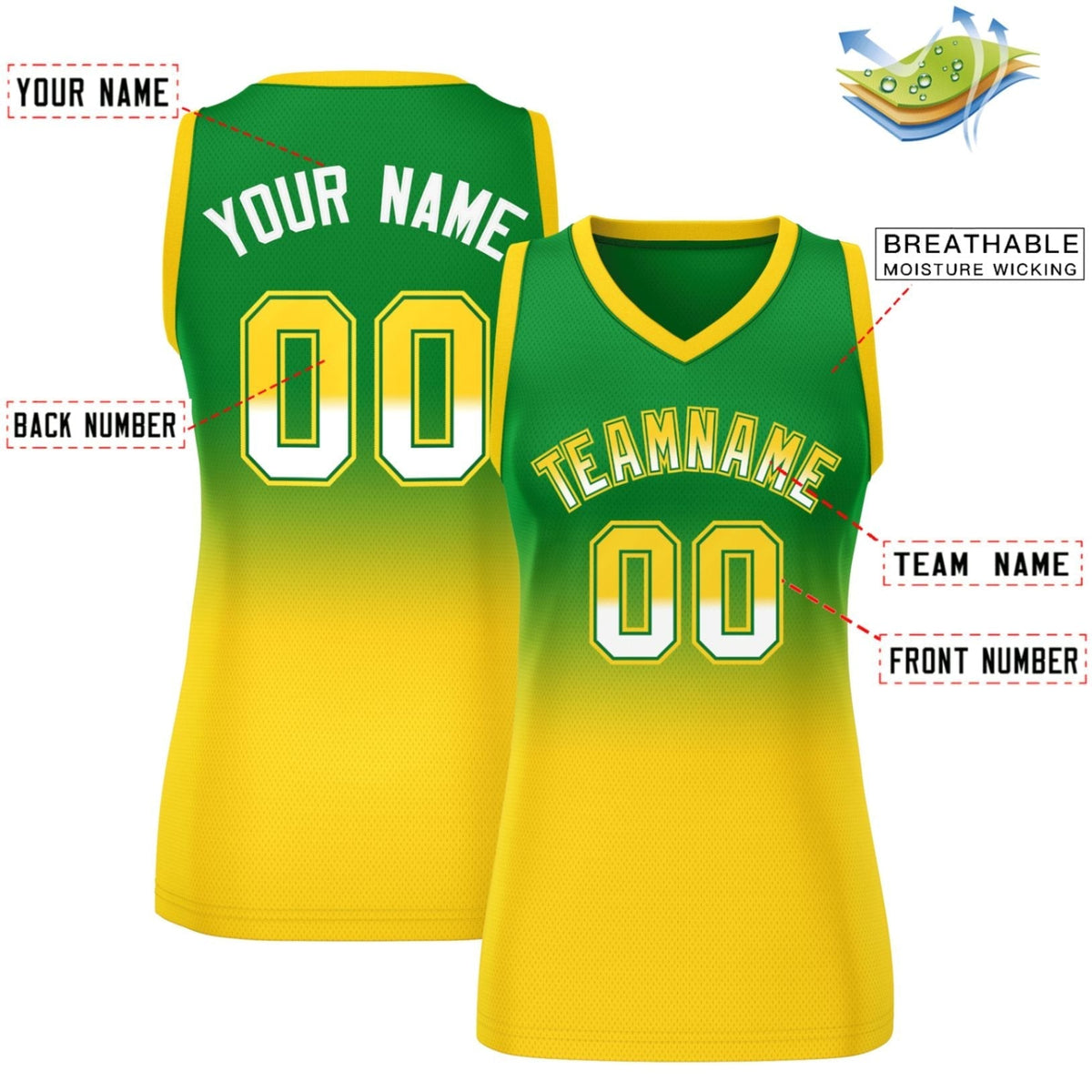 Custom Kelly Green Gold Gradient Fashion Tops Mesh Netball Dress For Women