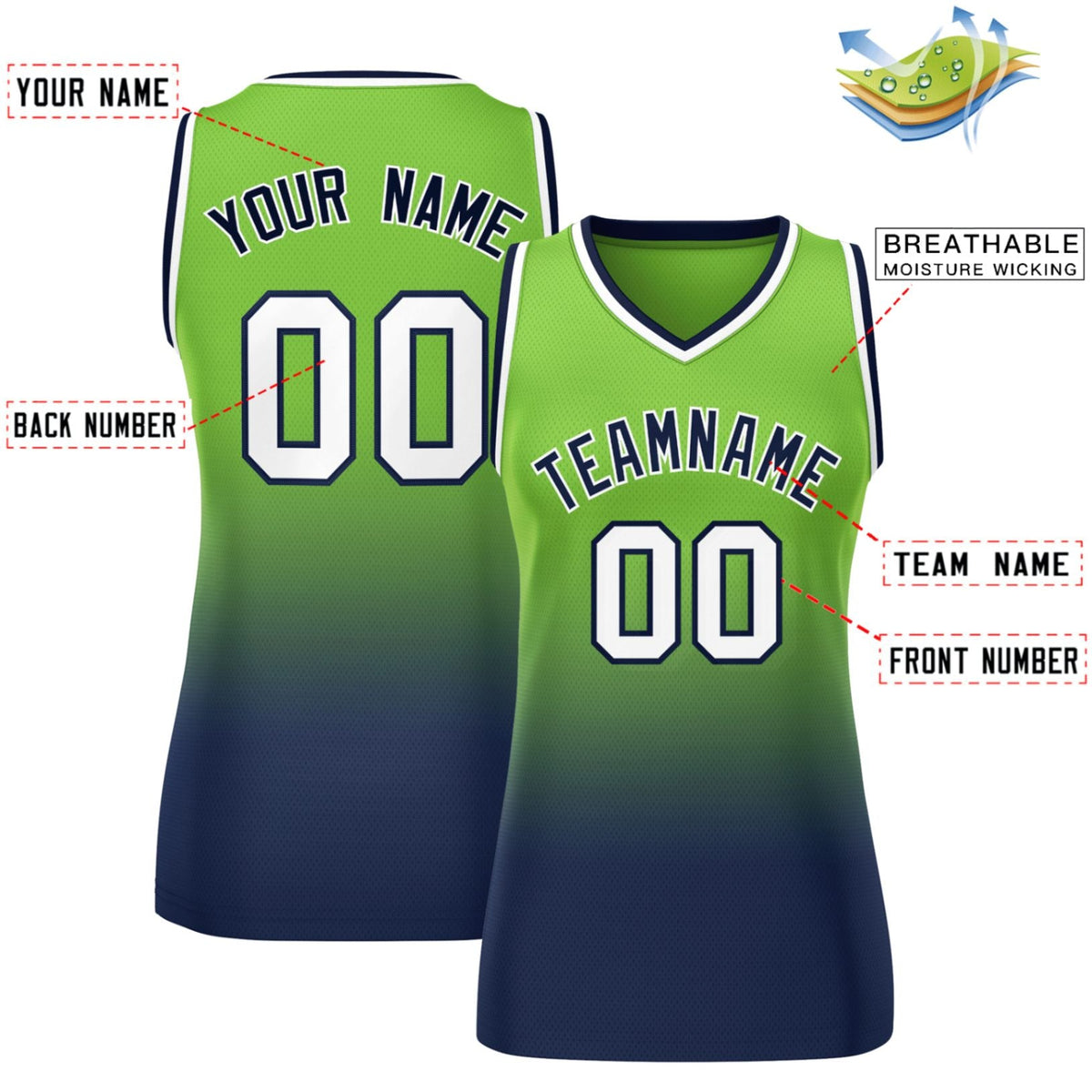 Custom Neon Green Navy Gradient Fashion Tops Mesh Netball Dress For Women