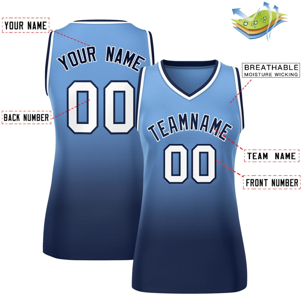 Custom Powder Blue Navy Gradient Fashion Tops Mesh Netball Dress For Women