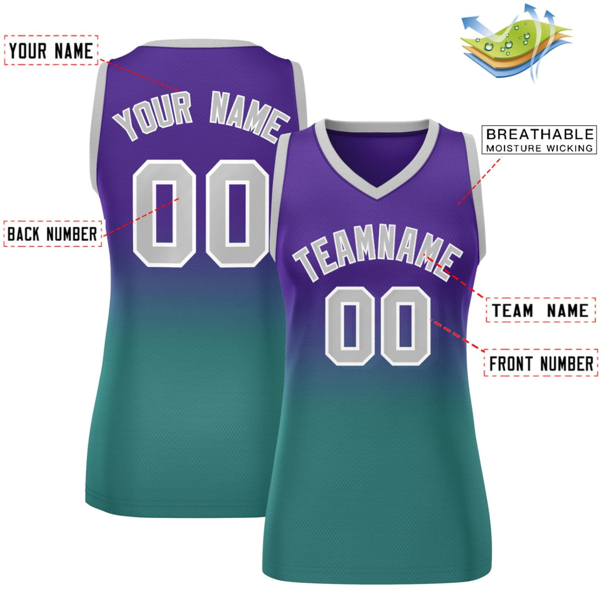 Custom Purple Aqua Gradient Fashion Tops Mesh Netball Dress For Women