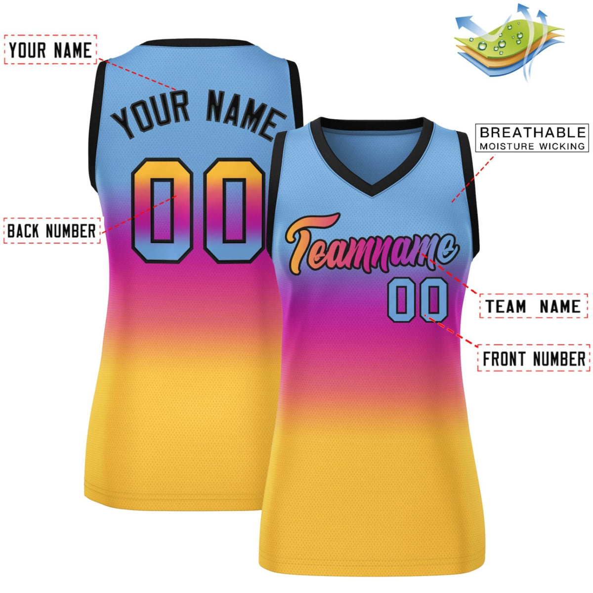 Custom Light Blue Pink-Yellow Gradient Fashion Tops Mesh Netball Dress For Women