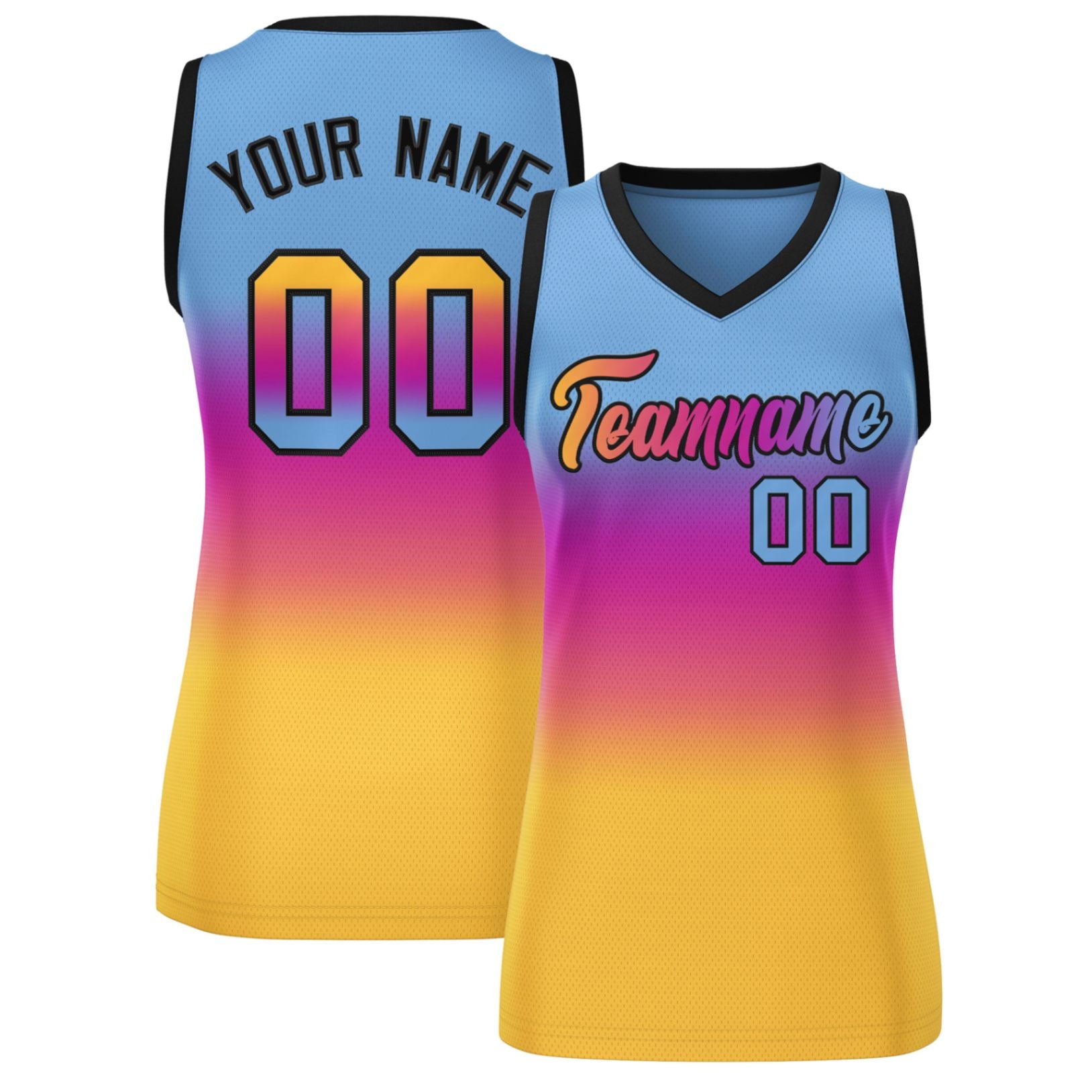Custom Light Blue Pink-Yellow Gradient Fashion Tops Mesh Netball Dress For Women