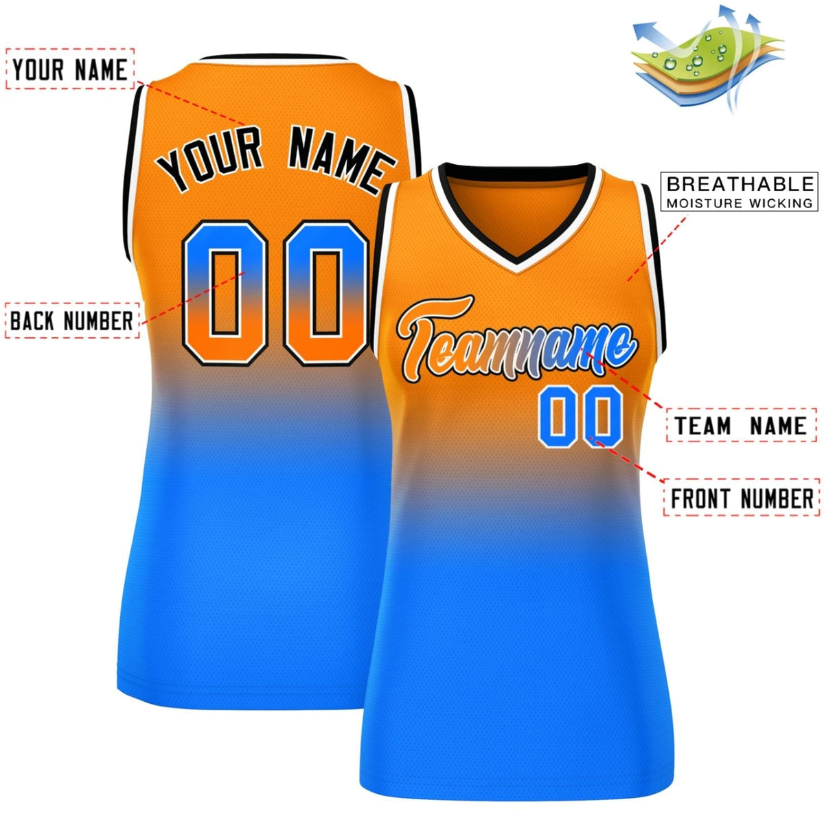Custom Orange Royal Gradient Fashion Tops Mesh Netball Dress For Women