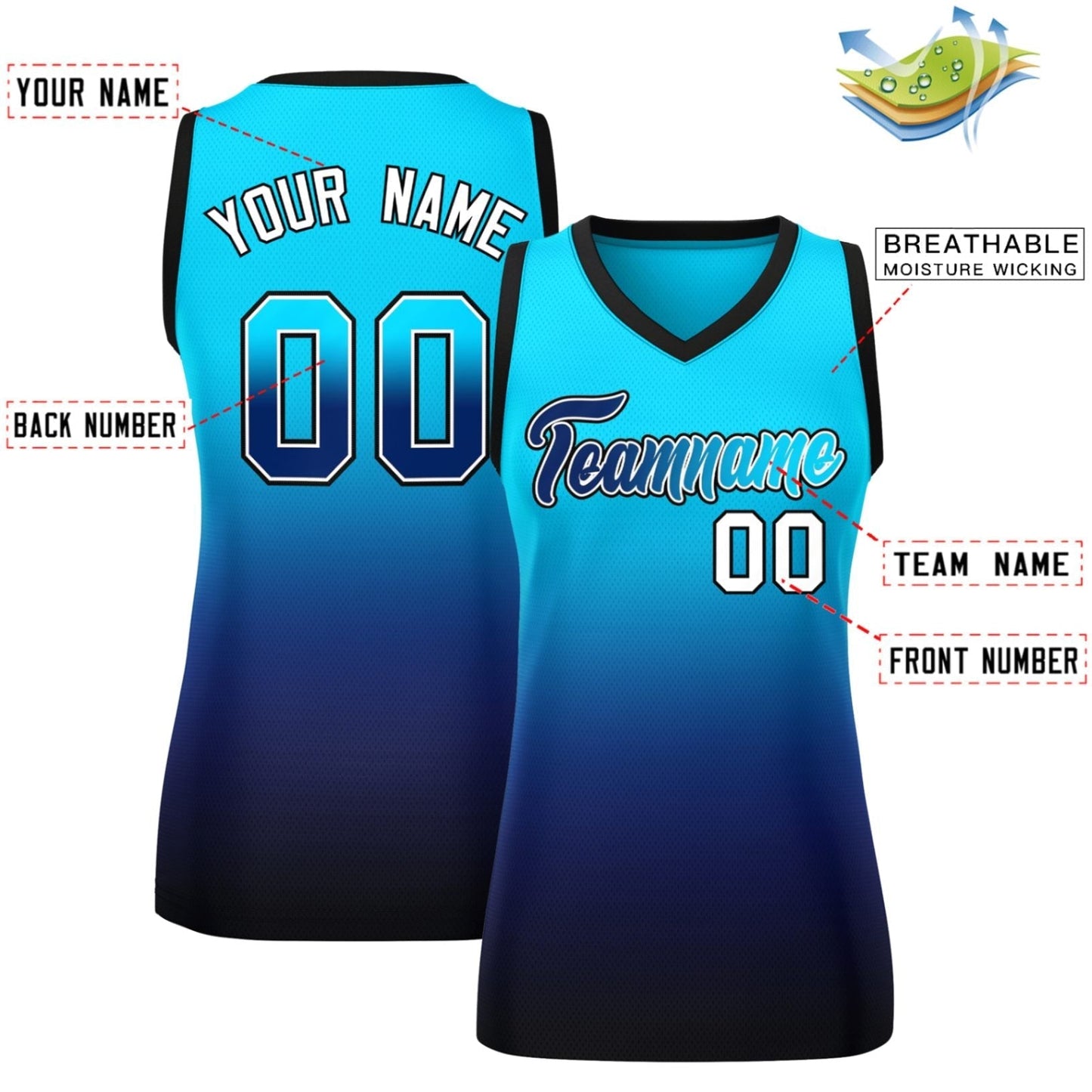 Custom Powder Blue Navy Gradient Fashion Tops Mesh Netball Dress For Women
