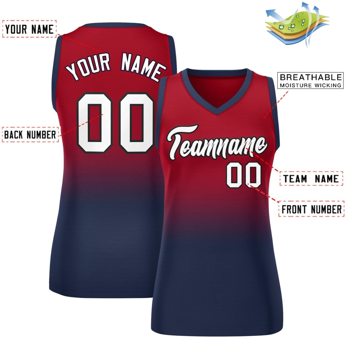 Custom Red Navy Gradient Fashion Tops Mesh Netball Dress For Women