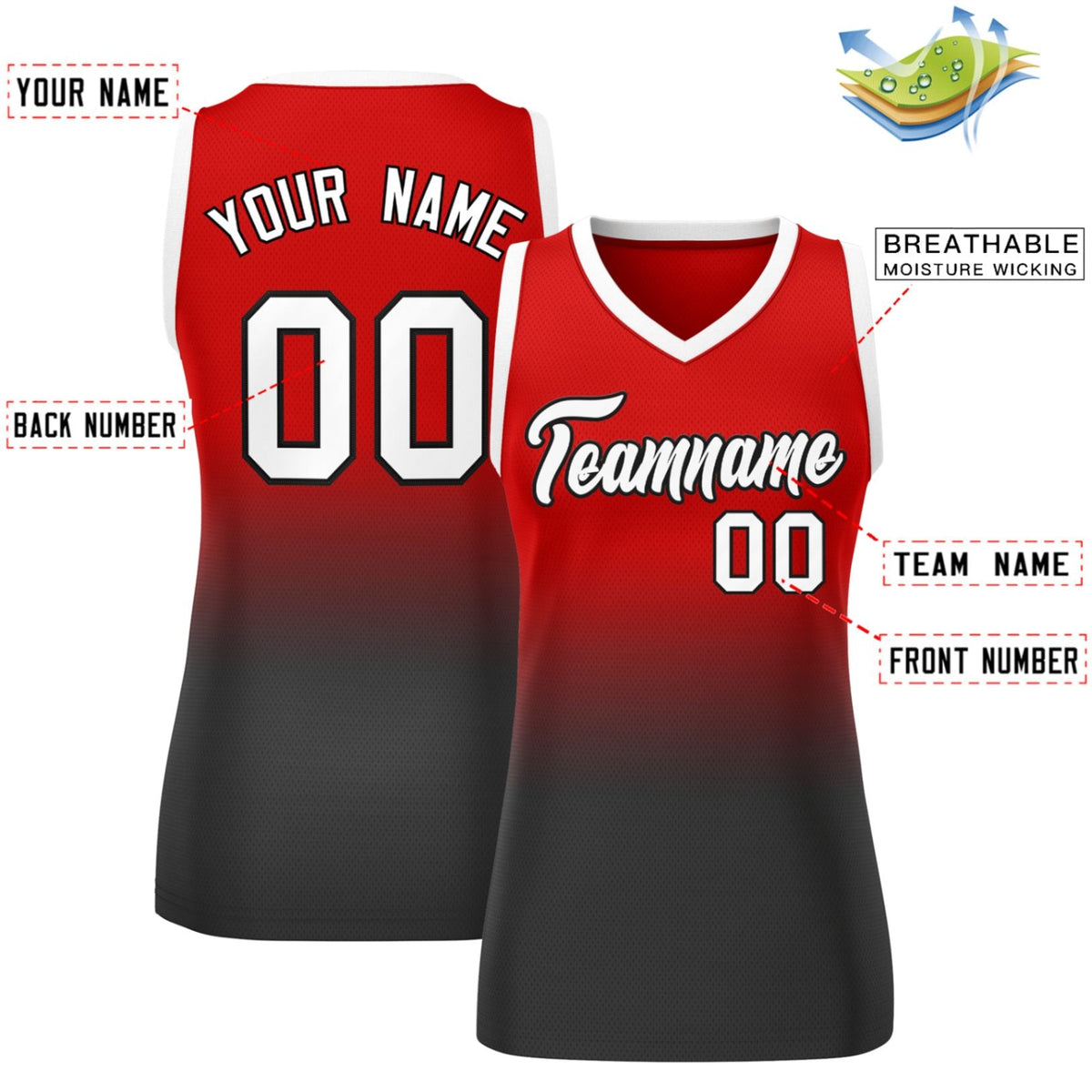 Custom Red Black Gradient Fashion Tops Mesh Netball Dress For Women