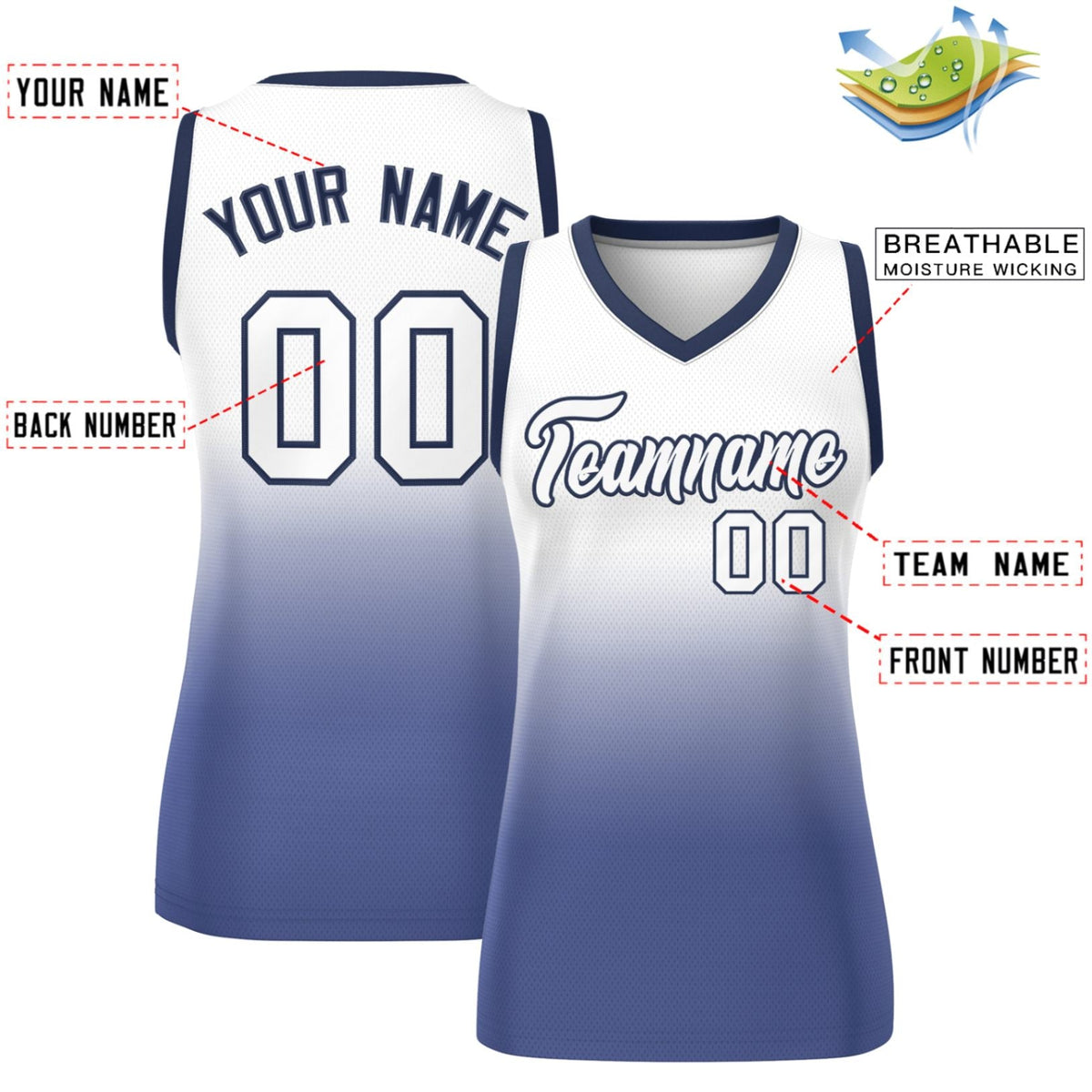 Custom White Navy Gradient Fashion Tops Mesh Netball Dress For Women