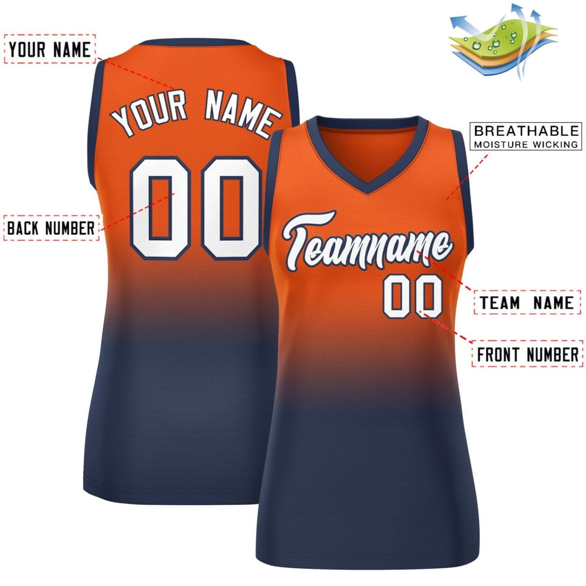 Custom Orange Navy Gradient Fashion Tops Mesh Netball Dress For Women