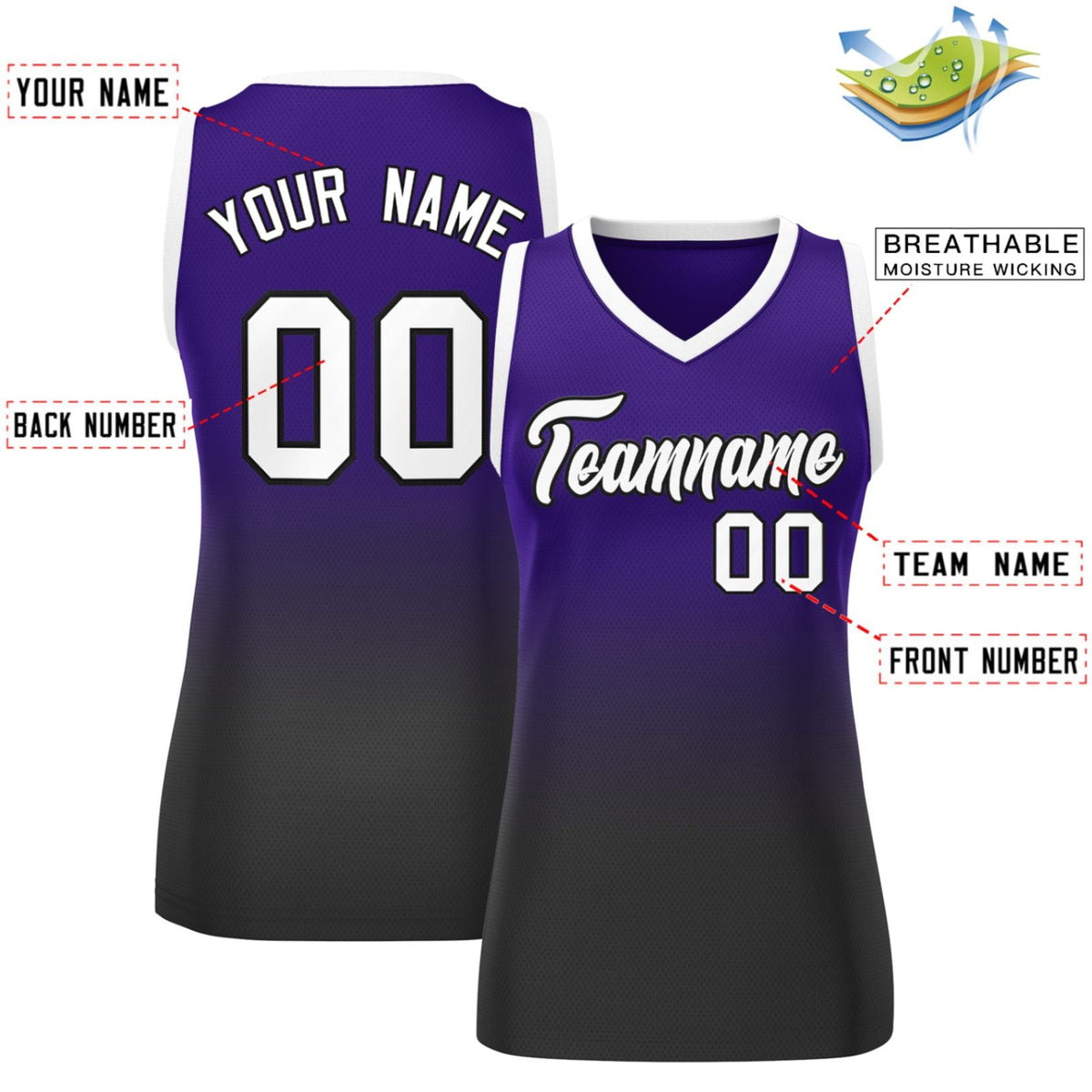 Custom Purple Black Gradient Fashion Tops Mesh Netball Dress For Women