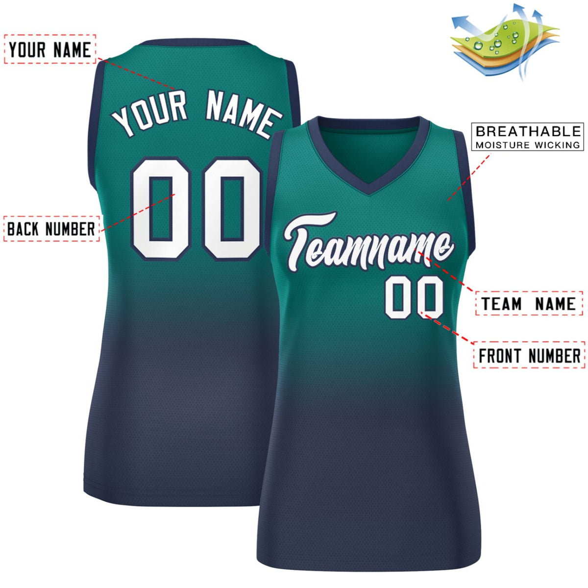 Custom Aqua Navy Gradient Fashion Tops Mesh Netball Dress For Women