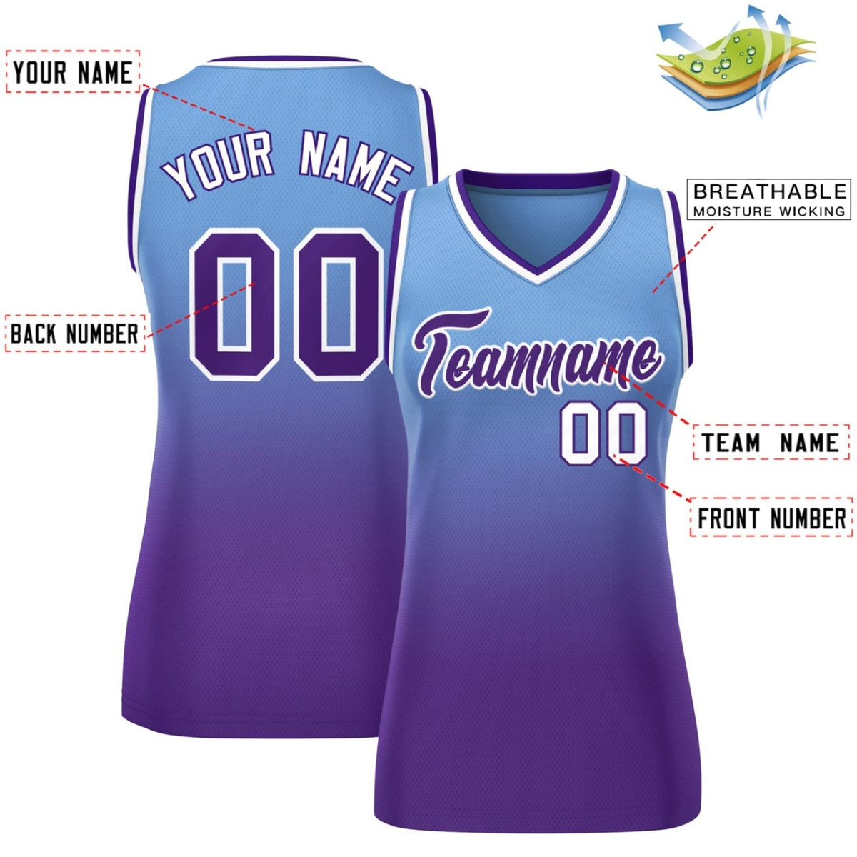 Custom Powder Blue Purple Gradient Fashion Tops Mesh Netball Dress For Women