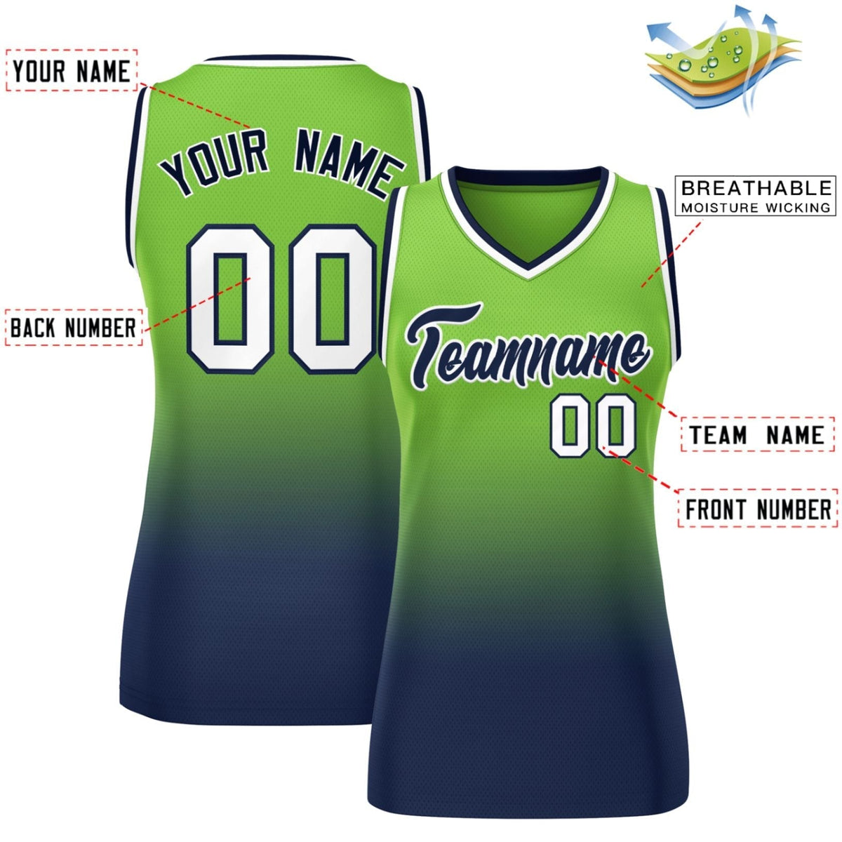 Custom Neon Green Navy Gradient Fashion Tops Mesh Netball Dress For Women