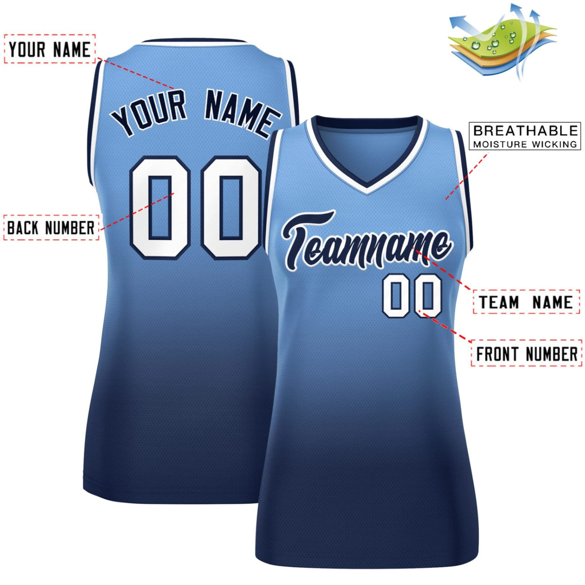 Custom Powder Blue Navy Gradient Fashion Tops Mesh Netball Dress For Women