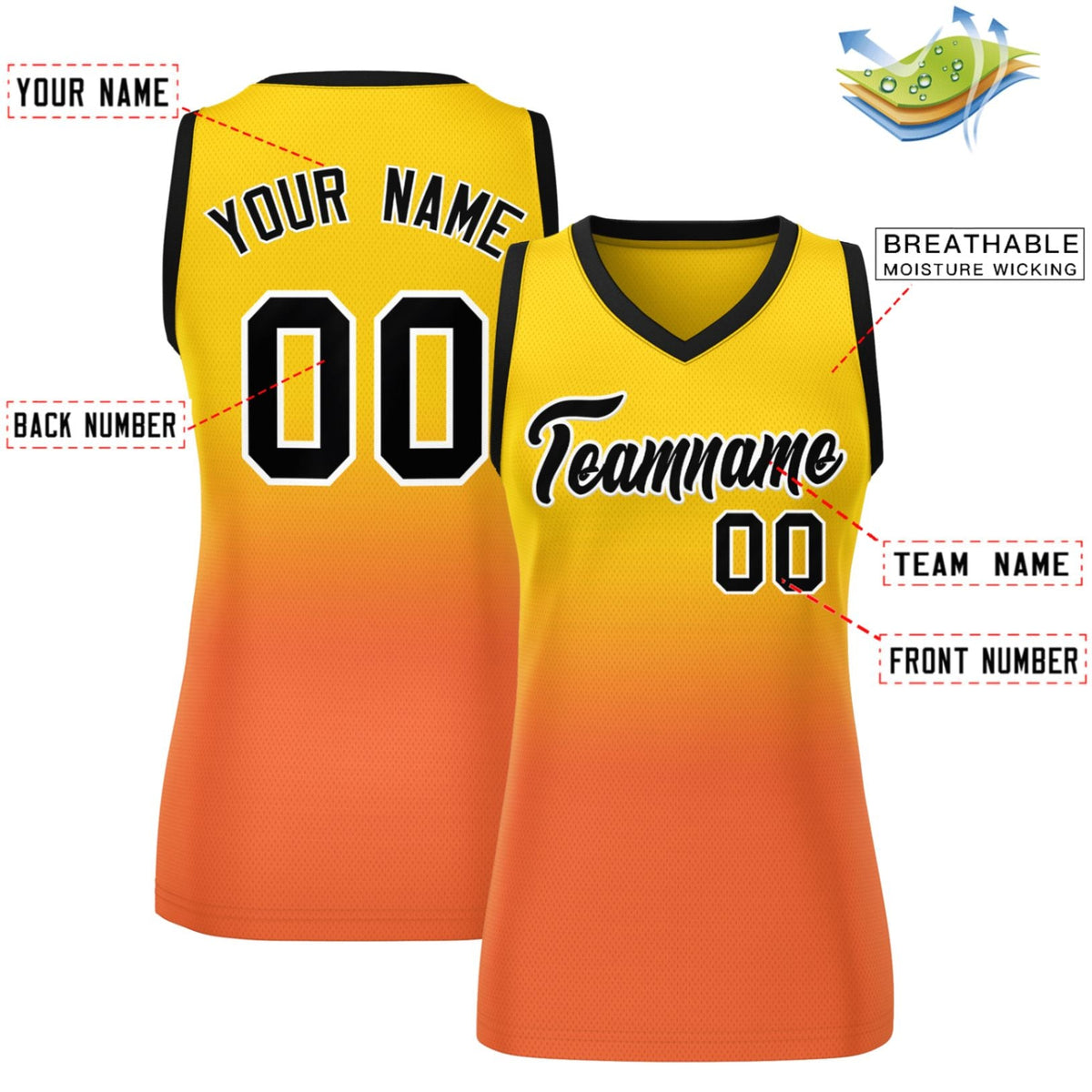 Custom Yellow Orange Gradient Fashion Tops Mesh Netball Dress For Women