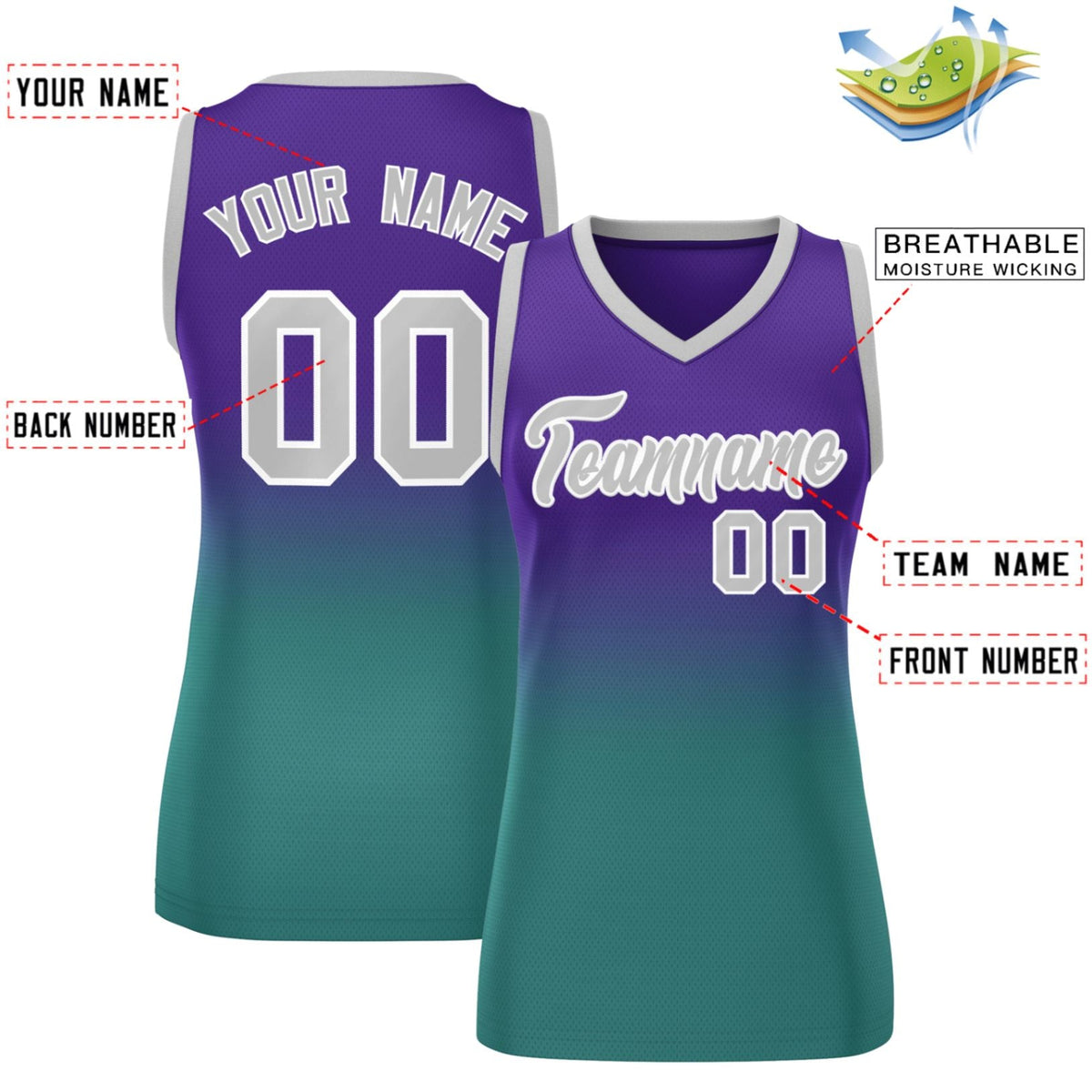 Custom Purple Aqua Gradient Fashion Tops Mesh Netball Dress For Women