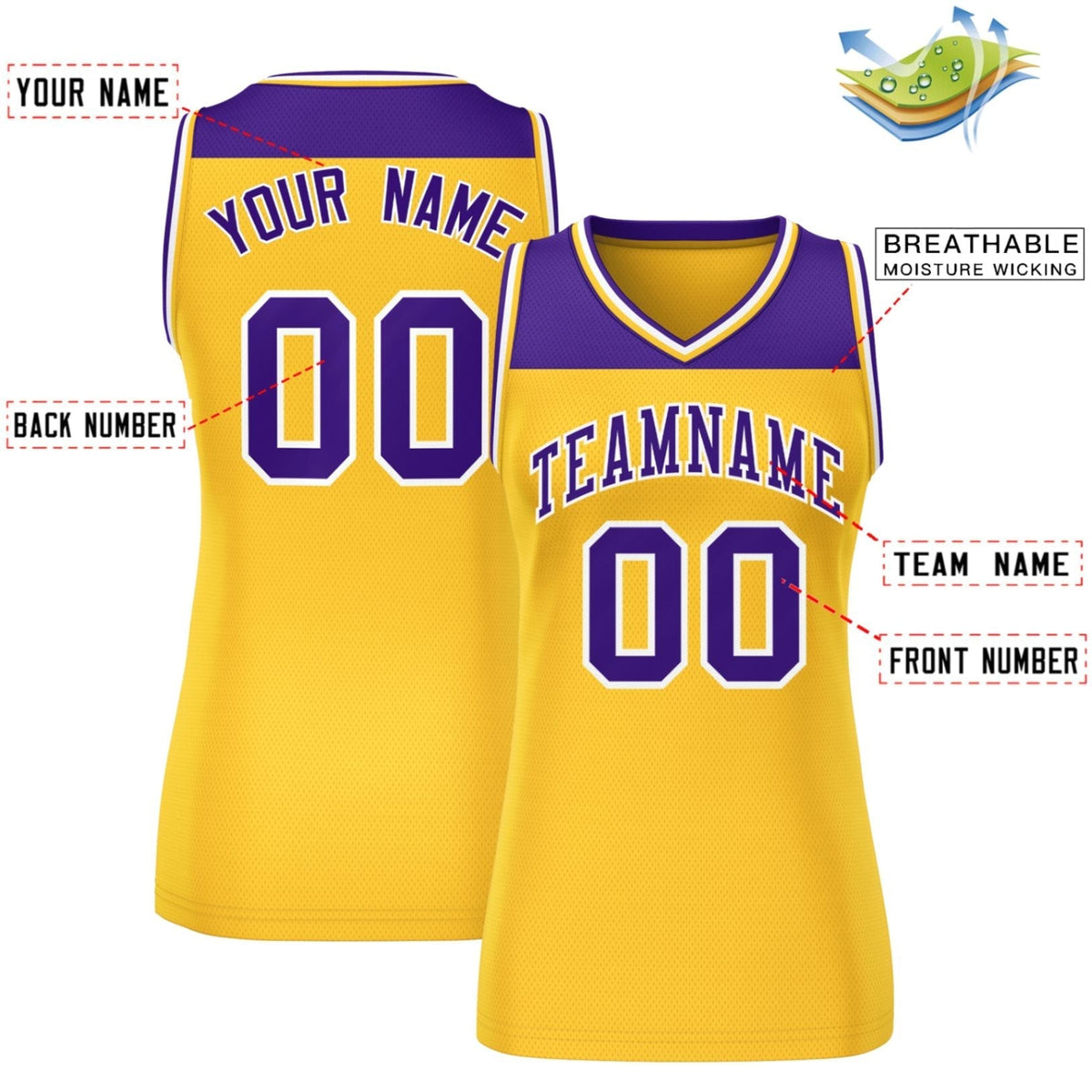 Custom Purple Gold Color Block Fashion Tops Mesh Netball Dress For Women
