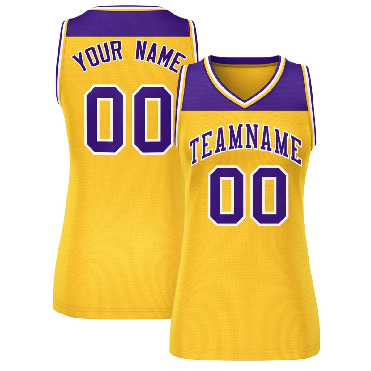 Custom Purple Gold Color Block Fashion Tops Mesh Netball Dress For Women