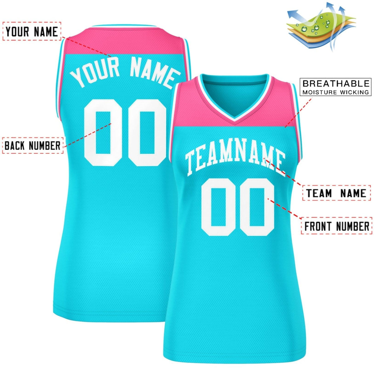Custom Pink Powder Blue Color Block Fashion Tops Mesh Netball Dress For Women