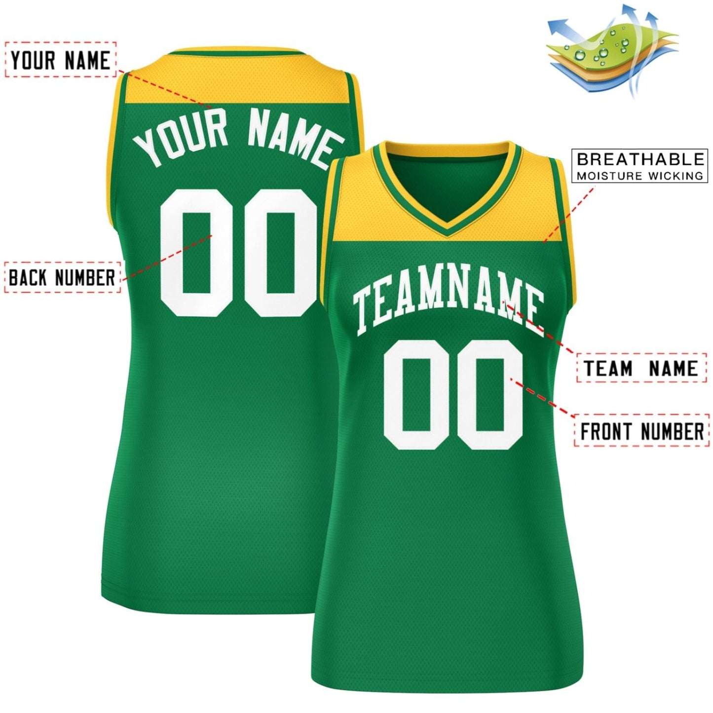 Custom Gold Kelly Green Color Block Fashion Tops Mesh Netball Dress For Women