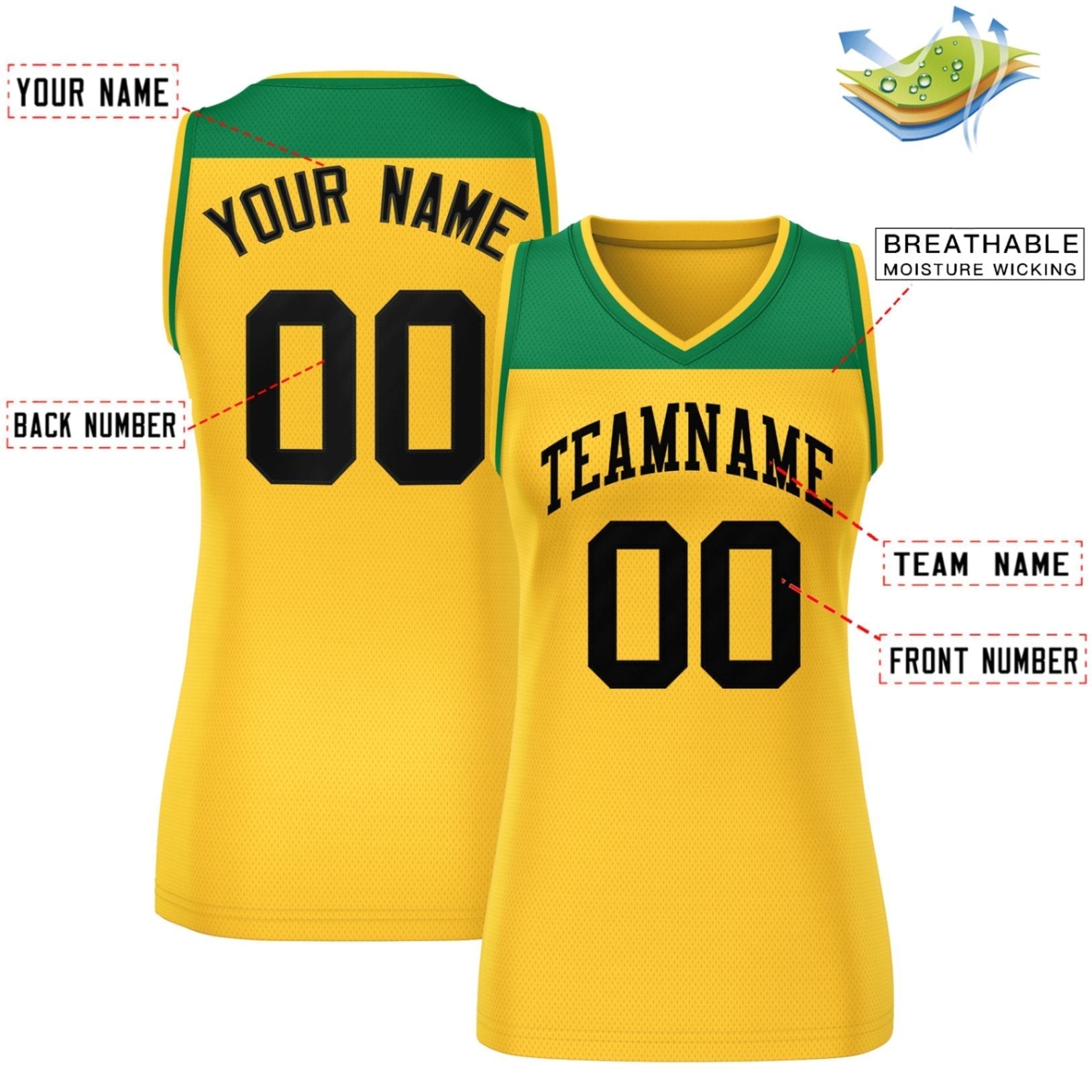 Custom Kelly Green Gold Color Block Fashion Tops Mesh Netball Dress For Women