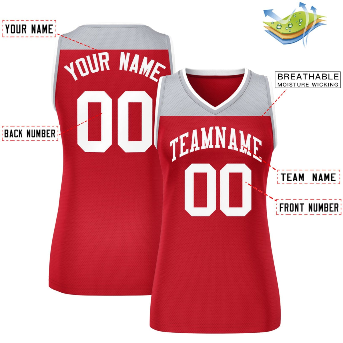 Custom Gray Red Color Block Fashion Tops Mesh Netball Dress For Women