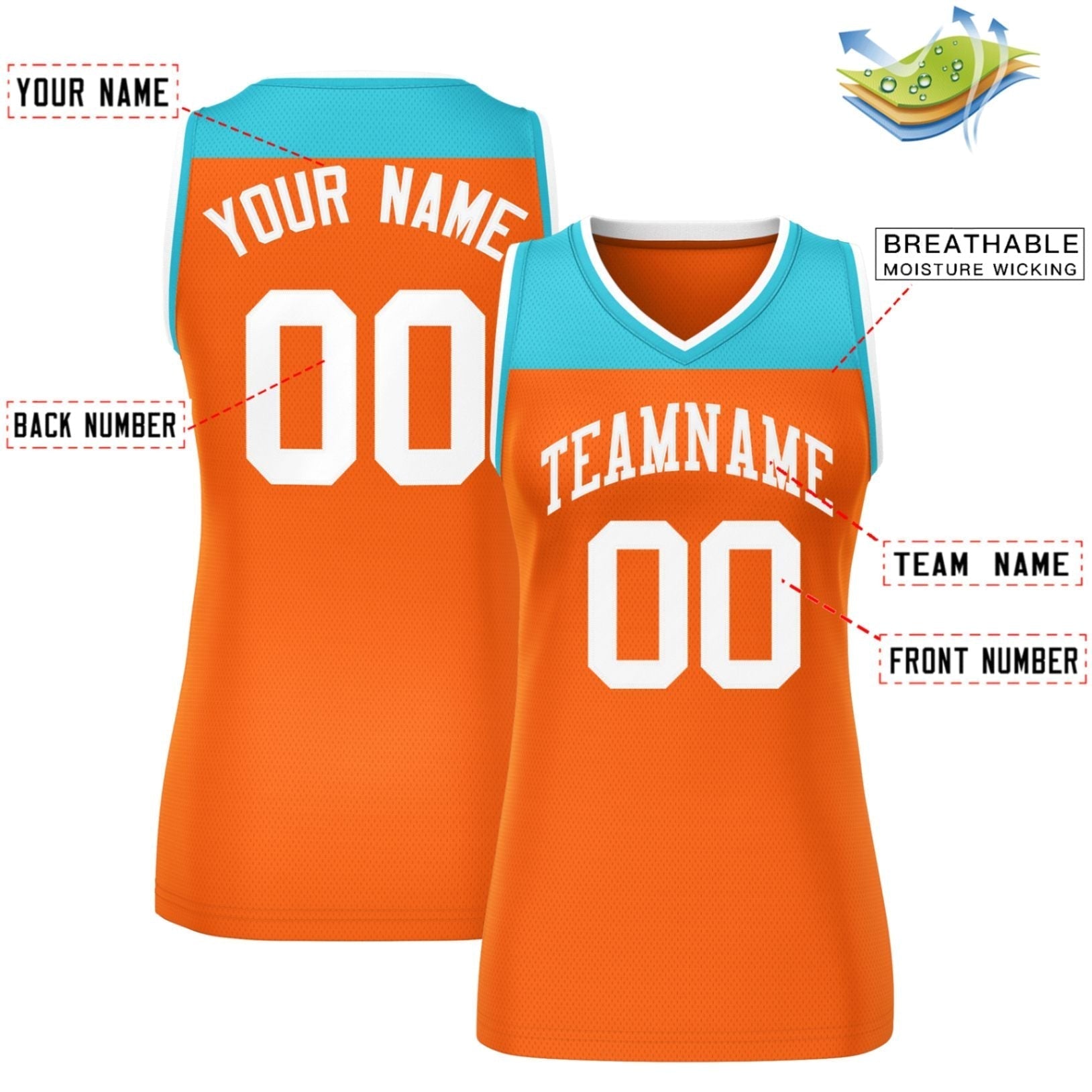 Custom Aqua Orange Color Block Fashion Tops Mesh Netball Dress For Women