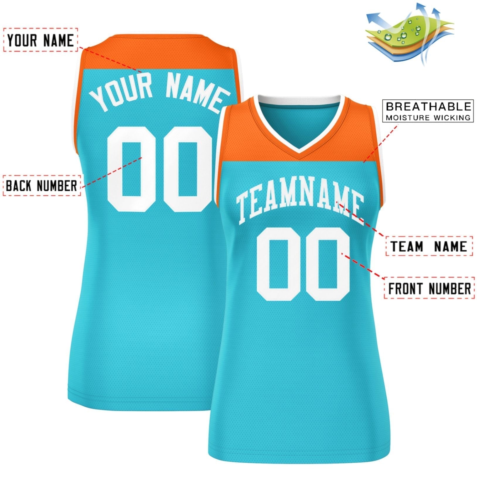 Custom Orange Aqua Color Block Fashion Tops Mesh Netball Dress For Women
