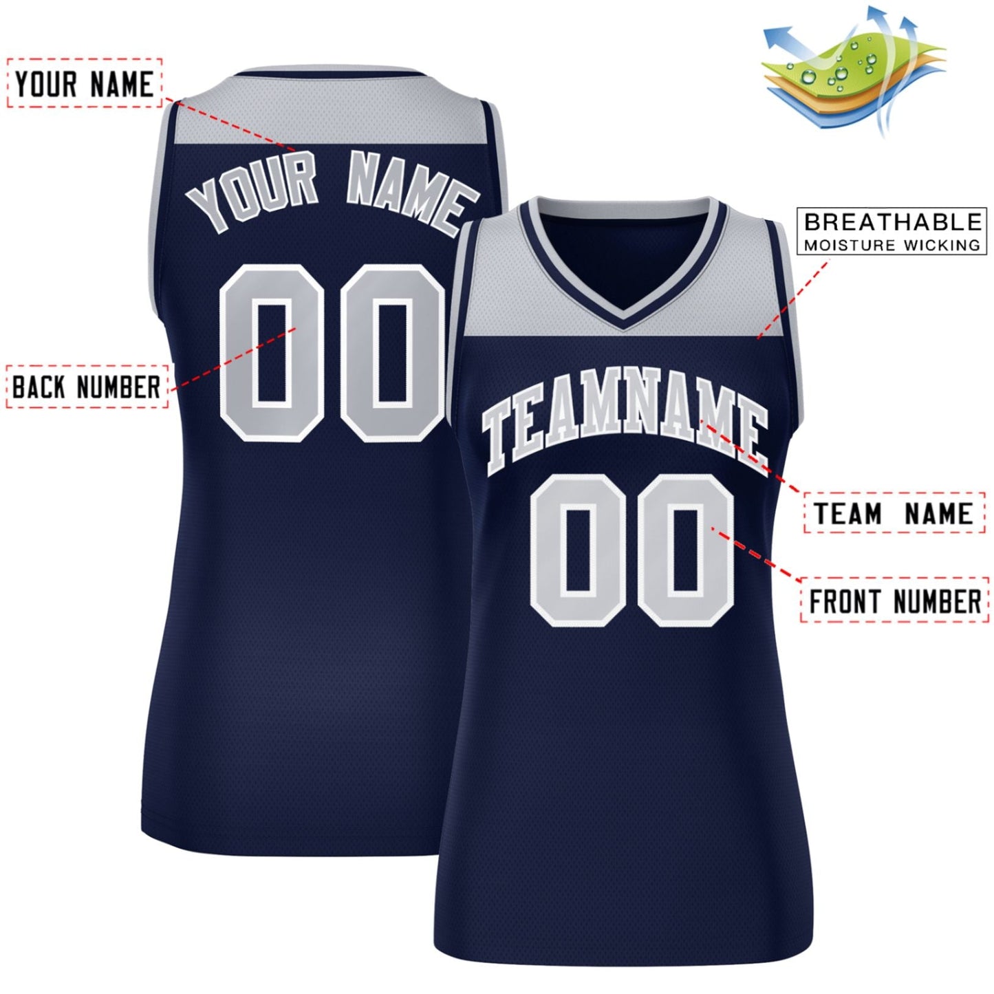 Custom Gray Navy Color Block Fashion Tops Mesh Netball Dress For Women