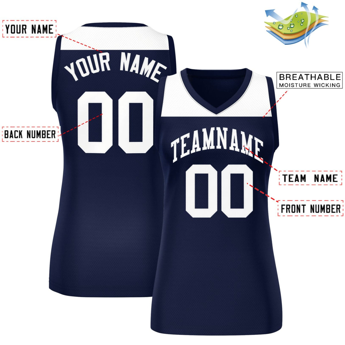 Custom White Navy Color Block Fashion Tops Mesh Netball Dress For Women