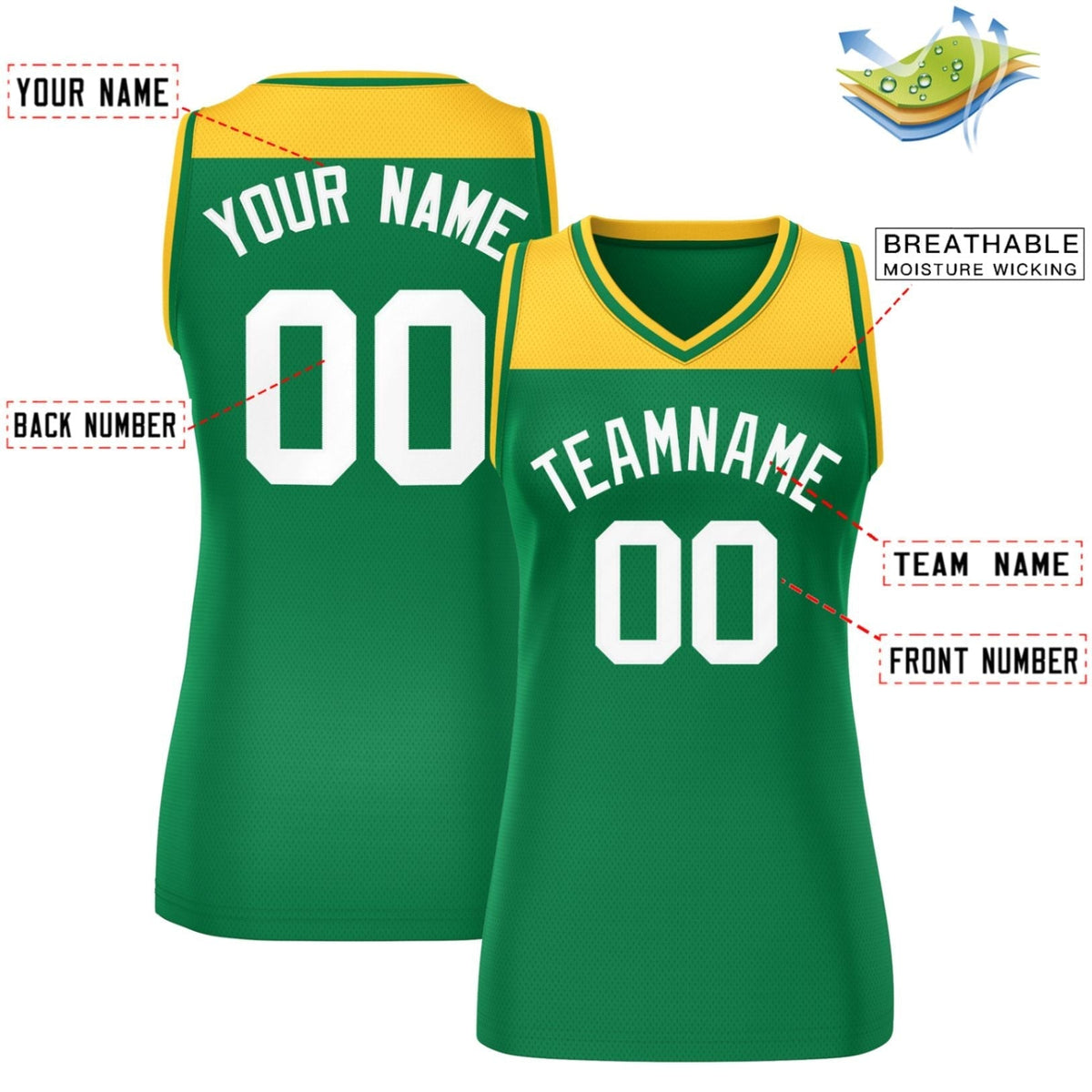 Custom Gold Kelly Green Color Block Fashion Tops Mesh Netball Dress For Women