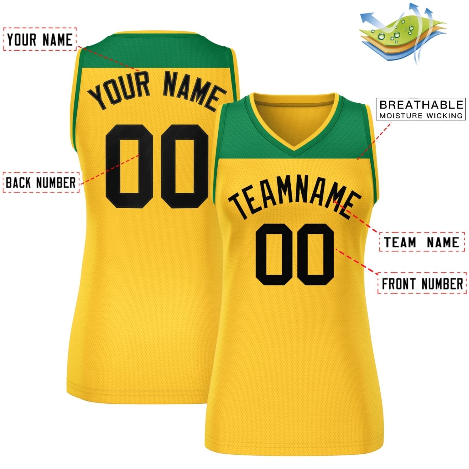 Custom Kelly Green Gold Color Block Fashion Tops Mesh Netball Dress For Women