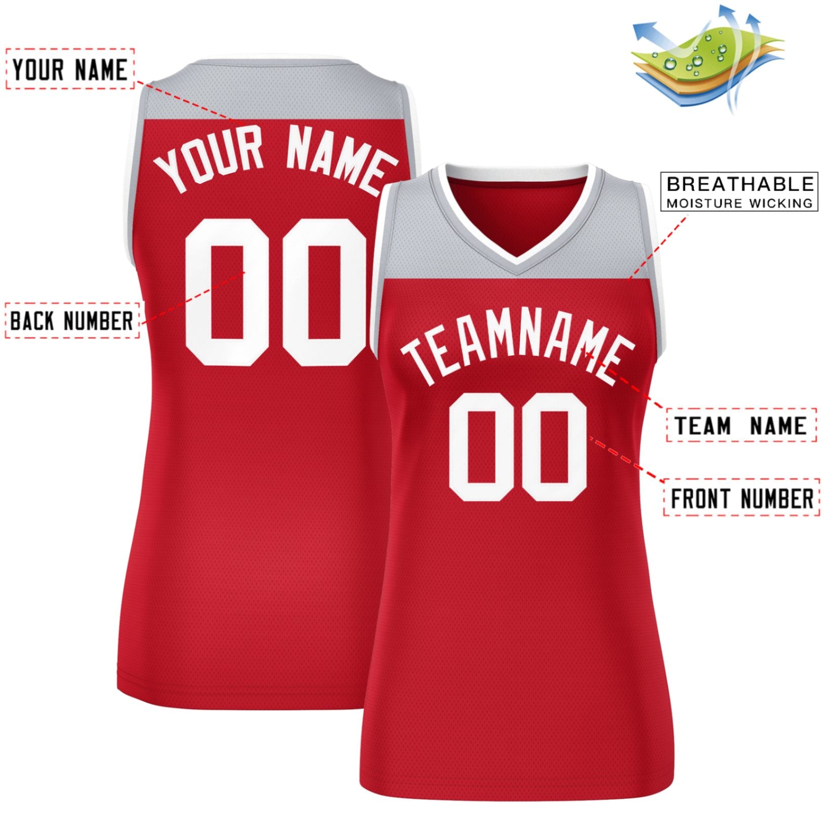 Custom Gray Red Color Block Fashion Tops Mesh Netball Dress For Women