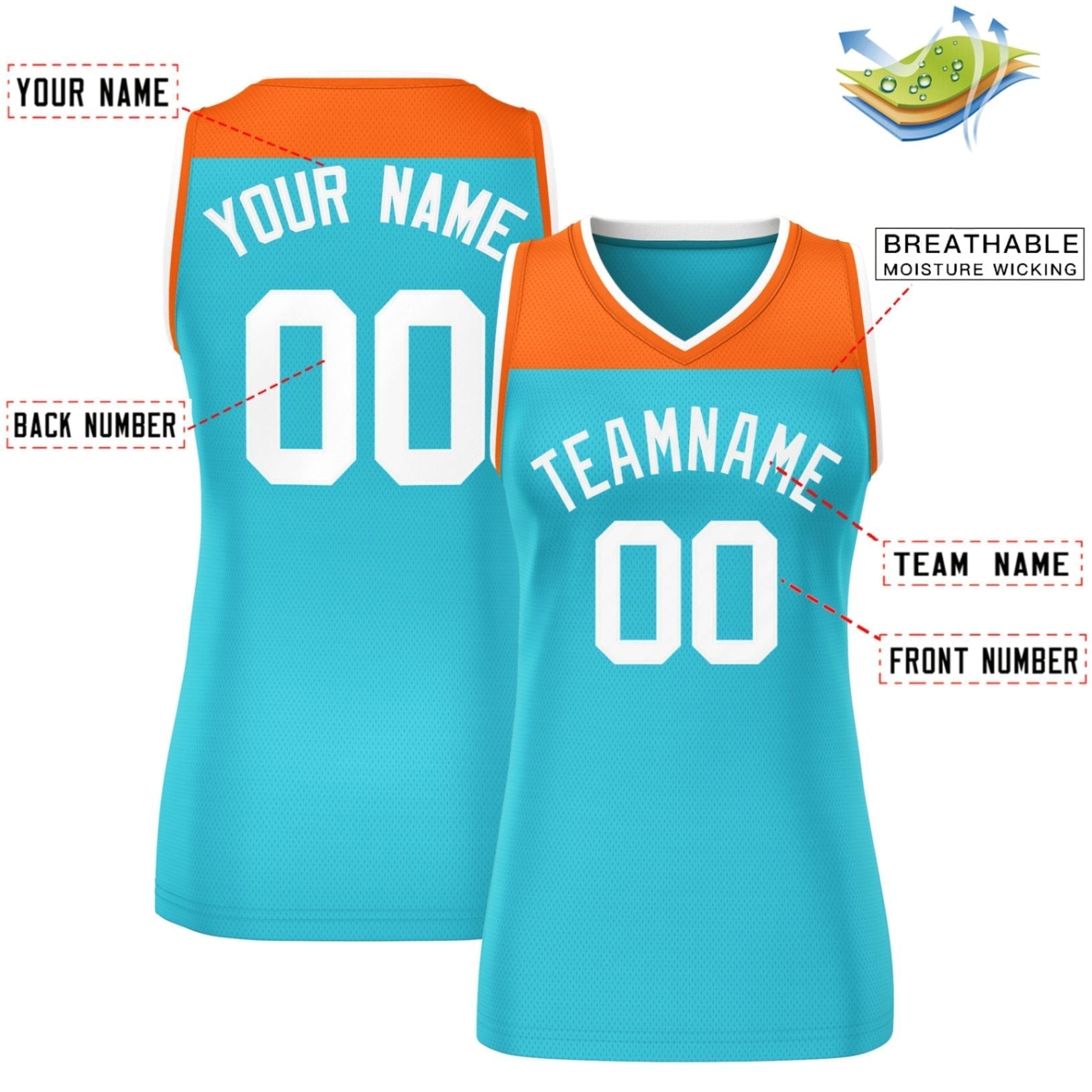 Custom Orange Aqua Color Block Fashion Tops Mesh Netball Dress For Women