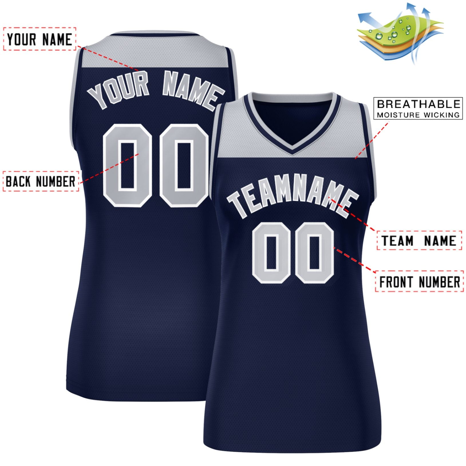 Custom Gray Navy Color Block Fashion Tops Mesh Netball Dress For Women